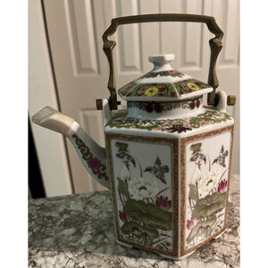 Vintage Japanese Toyo‎ Ming Lotus Hexagon Floral Tea Kettle W/Brass Handle VGUC